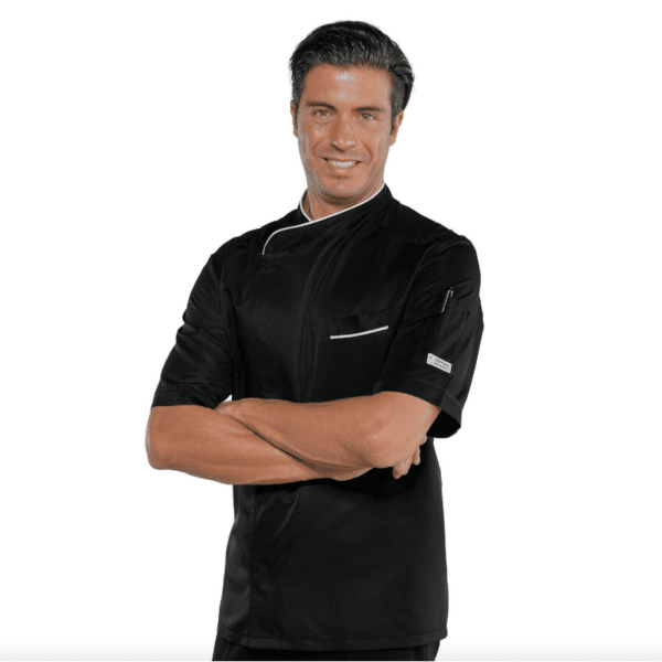 Veste de cuisine noire manches courtes liseré blanc Bilbao – Isacco